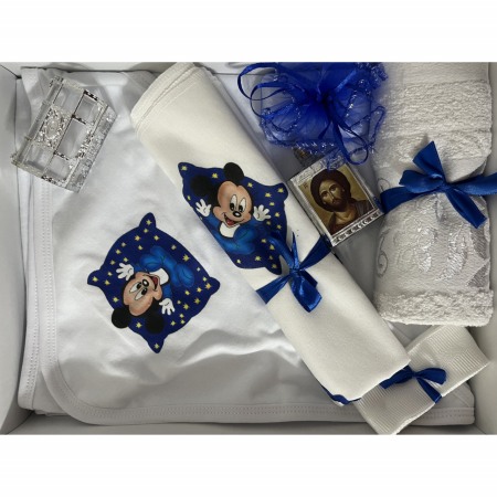 Botez - Trusou botez baieti, Mickey, culoare alb/albastru, setul contine 8 piese