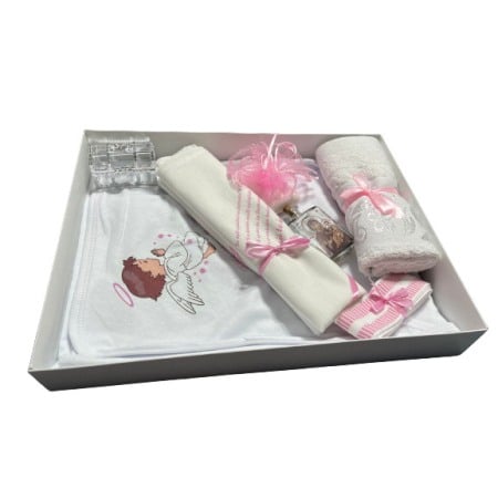 Botez - Trusou botez fetite, ingeras, culoare alb/roz bombon, 8 piese