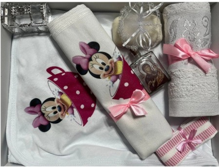 Botez - Trusou botez fetite, Minnie, culoare alb/roz, 8 piese