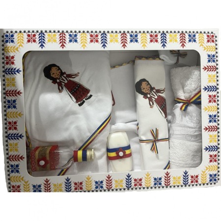 Botez - Trusou botez traditional fete, culoare alb-tricolor, setul contine 8 piese