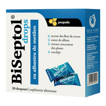 BiSeptol drops cu propolis si albastru de metilen, 20 bucati, Dacia Plant [1]