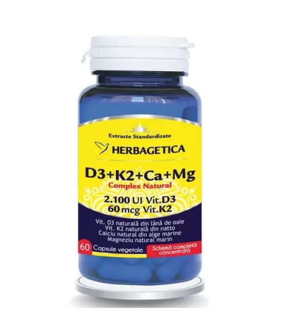 Complex natural D3+K2+Ca+Mg, 60 capsule vegetale [1]