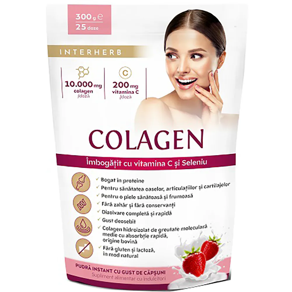 ARTICULATII OASE MUSCHI - Colagen pudra 10.000 mg Vitamina C si Seleniu cu aroma de capsuni, 300 g,