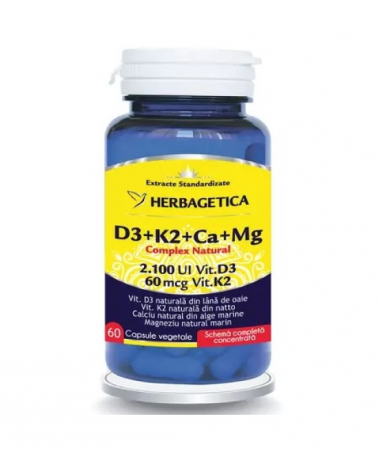Vitamine si Minerale - Complex natural D3+K2+Ca+Mg, 60 capsule vegetale