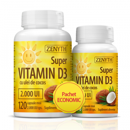 Vitamine si Minerale - Pachet Super Vitamina D3 cu ulei de cocos 2000UI, 120 + 30 capsule