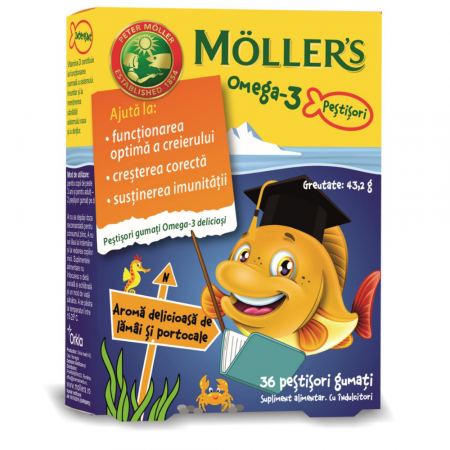SUPLIMENTE ALIMENTARE - Pestisori gumati cu Omega 3 si aroma de lamai si portocale, 36 jeleuri, Moller's