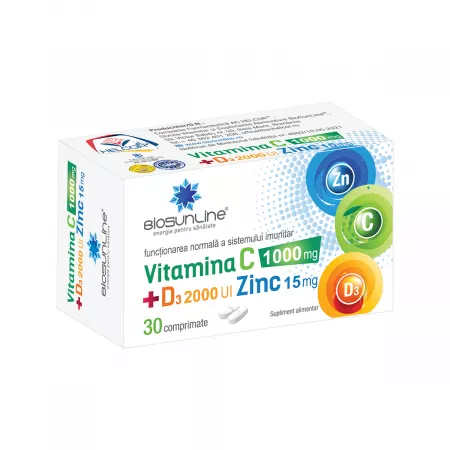 SUPLIMENTE ALIMENTARE - Vitamina C 1000 mg + D3 2000 UI + Zinc 15 mg, 30 comprimate, Helcor
