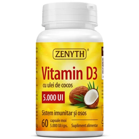SUPLIMENTE ALIMENTARE - Vitamina D3 cu ulei de cocos, 5000UI, 60 capsule, Zenyth