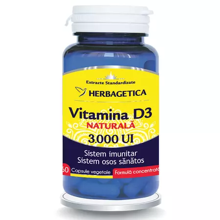 Vitamine si Minerale - Vitamina D3 naturala 3000 UI, 60 capsule, Herbagetica