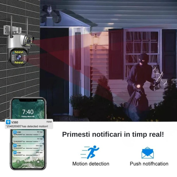 Cameră de supraveghere WiFi exterior, 4MP, lentile duale, PTZ 360, noapte, aplicație V380 [4]