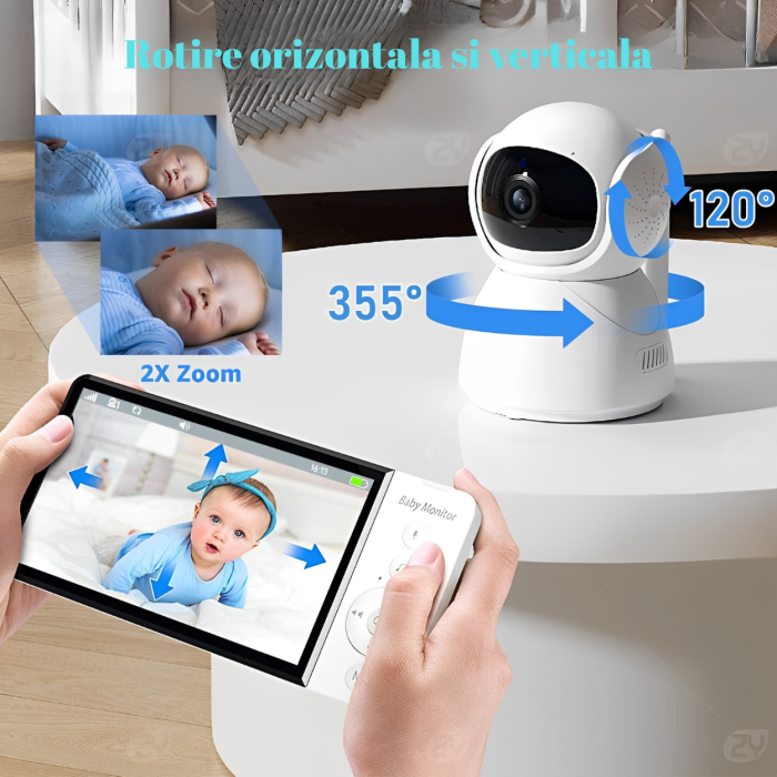 Camera Supraveghere Bebe cu Ecran Mare de 5 Inch, Fara Internet, ABM570, Ecran HD 5.0 inch, Mod Nocturn, VOX, Senzor Temperatura, Cantece bebelusi, Rotire Orizontala si Verticala, Zoom, Alb [3]