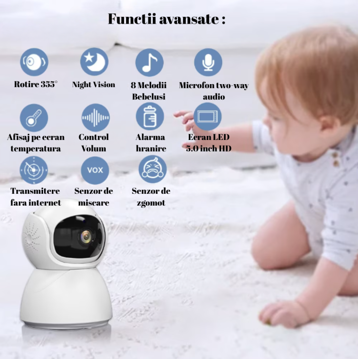 Camera Supraveghere Bebe cu Ecran Mare de 5 Inch, Fara Internet, ABM570, Ecran HD 5.0 inch, Mod Nocturn, VOX, Senzor Temperatura, Cantece bebelusi, Rotire Orizontala si Verticala, Zoom, Alb [7]