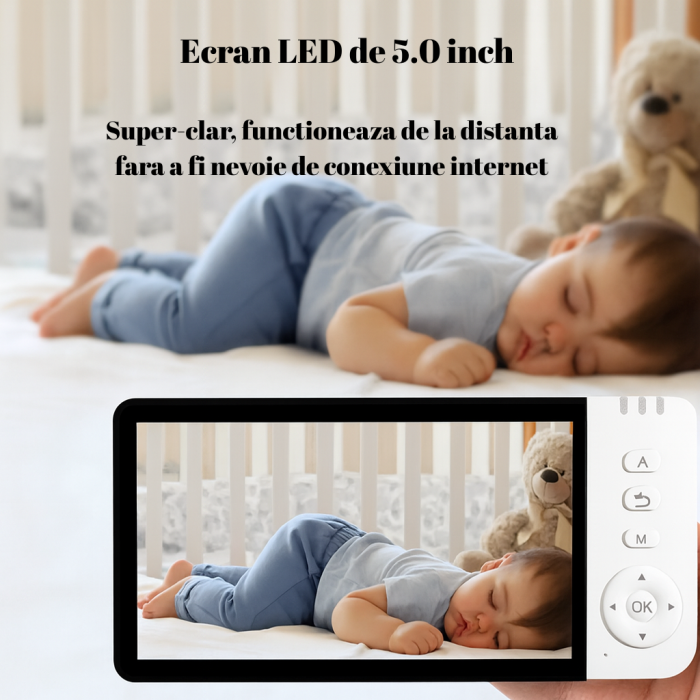 Camera Supraveghere Bebe cu Ecran Mare de 5 Inch, Fara Internet, ABM570, Ecran HD 5.0 inch, Mod Nocturn, VOX, Senzor Temperatura, Cantece bebelusi, Rotire Orizontala si Verticala, Zoom, Alb [4]