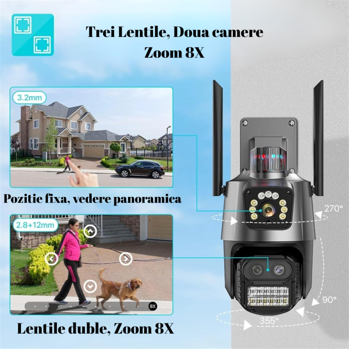 Camera Supraveghere Dubla Wi-Fi A15, 4K UHD, 3 Lentile, Doua Camere, Zoom 8X, Comunicare Bi-Directionala, Exterior/Interior, 12MP, Senzori Miscare, Alarma, Lumini, Sirena, Stocare Card/Cloud, Negru [2]