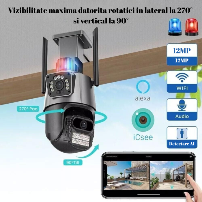 Camera Supraveghere Dubla Wi-Fi A15, 4K UHD, 3 Lentile, Doua Camere, Zoom 8X, Comunicare Bi-Directionala, Exterior/Interior, 12MP, Senzori Miscare, Alarma, Lumini, Sirena, Stocare Card/Cloud, Negru [5]