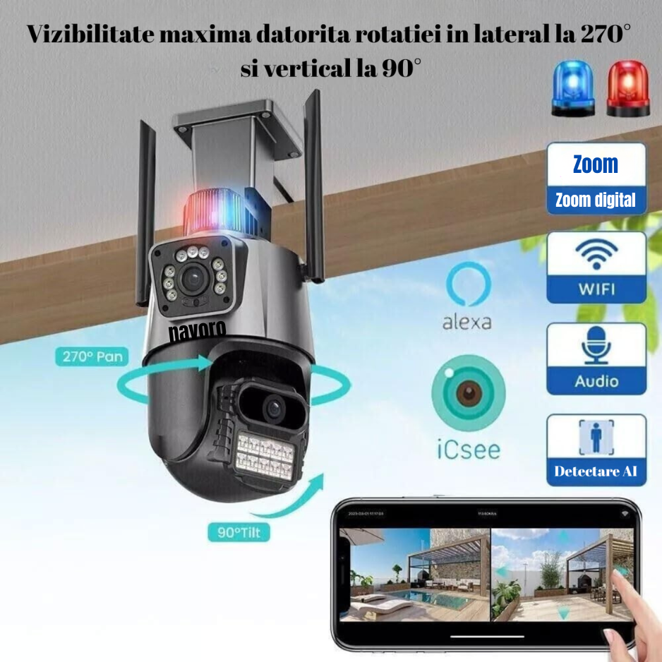 Camera Supraveghere Exterior Dual Lens, 2 Camere, Rotire 270°/90°, Zoom 8X, Detectare Miscare cu Sirena si Alarma, Vedere Nocturna Color, Audio Bidirectional, WiFi 2.4GHz, Slot Card, Reziste [3]