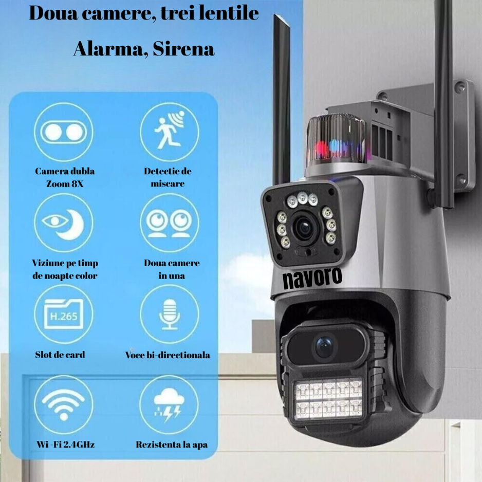 Camera Supraveghere Exterior Dual Lens, 2 Camere, Rotire 270°/90°, Zoom 8X, Detectare Miscare cu Sirena si Alarma, Vedere Nocturna Color, Audio Bidirectional, WiFi 2.4GHz, Slot Card, Reziste [2]