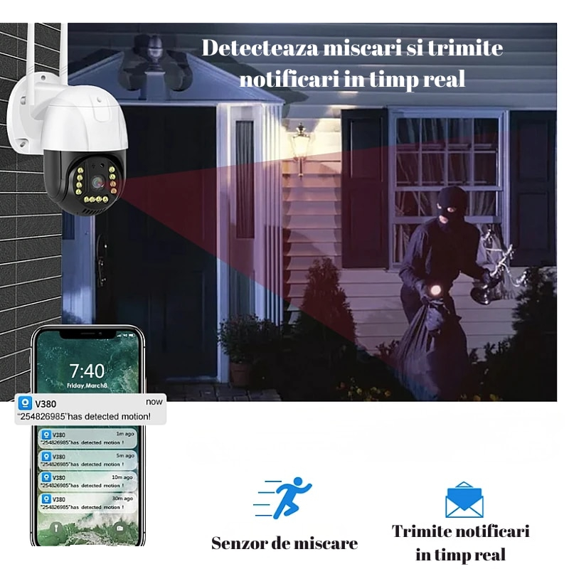 Camera Supraveghere Video Wi Fi, V380, Conexiune Wireless, Full HD 1080p, JT8172, Audio Bi-Directional, Vedere Nocturna, Slot Card Micro SD, Rotativa, Senzori Miscare, Lumina, Alb [2]