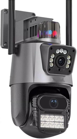 Camere Supraveghere Exterior - Camera Supraveghere Dubla Wi-Fi A15, 4K UHD, 3 Lentile, Doua Camere, Zoom 8X, Comunicare Bi-Directionala, Exterior/Interior, 12MP, Senzori Miscare, Alarma, Lumini, Sirena, Stocare Card/Cloud, Negru