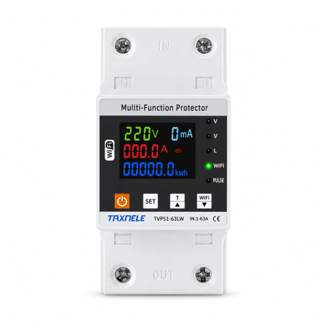 Relee electrice smart Wifi - Releu de protecție inteligent TAXNELE TVPS1-63LW, 63A, control Wi-Fi, protecție la supratensiune, montaj pe șină DIN