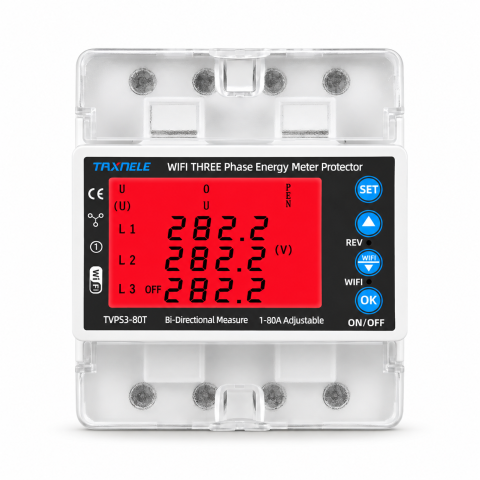Relee electrice smart Wifi - Releu trifazat inteligent de protecție TAXNELE TVPS3-80T, 380V, 80A, Wi-Fi, Tuya Smart/Smart Life, LCD