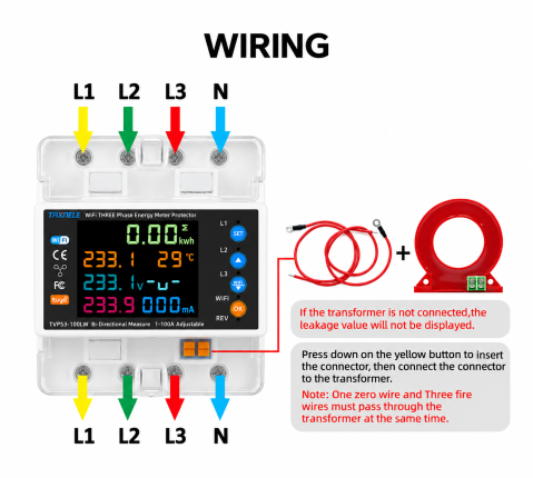 Relee electrice smart Wifi - Releu trifazat smart de protectie Taxnele TVPS3-100LW, 380V, 100A, WiFi, Tuya/Smart Life, contor bidirectional kWh, protectie diferentiala
