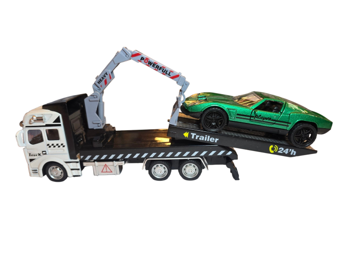 Camion platforma cu macara extensibila, rampa mobila, masina model sport – usi deschise, metal si plastic, culoare negru cu rosu [1]