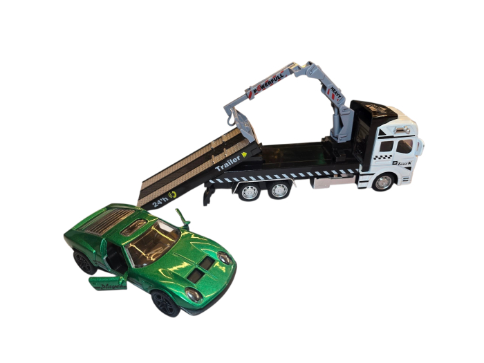 Camion platforma cu macara extensibila, rampa mobila, masina model sport – usi deschise, metal si plastic, culoare negru cu rosu [9]