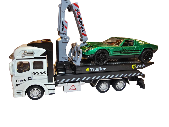 Camion platforma cu macara extensibila, rampa mobila, masina model sport – usi deschise, metal si plastic, culoare negru cu rosu [4]