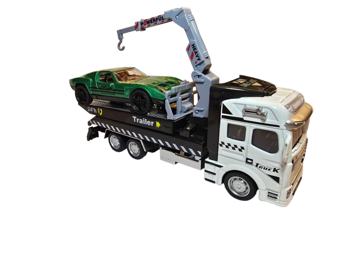 Camion platforma cu macara extensibila, rampa mobila, masina model sport – usi deschise, metal si plastic, culoare negru cu rosu [6]