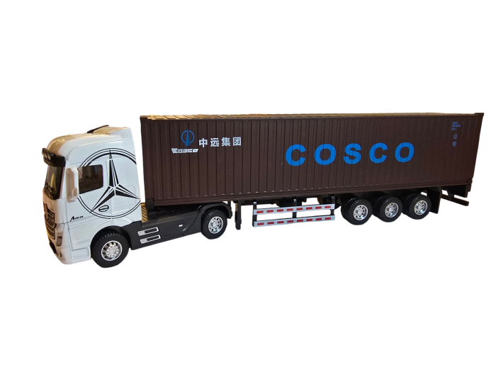 TIR Metalic cu Container lungime 31 cm – Lumini, Sunete realistice de motor, Usi care se deschid la container, sistem Pull Back, culoare alb cu maro [1]