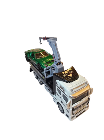 Camion platforma cu macara extensibila, rampa mobila, masina model sport – usi deschise, metal si plastic, culoare negru cu rosu [4]