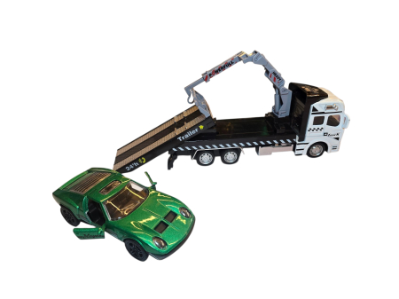 Camion platforma cu macara extensibila, rampa mobila, masina model sport – usi deschise, metal si plastic, culoare negru cu rosu [8]