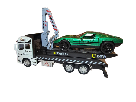 Camion platforma cu macara extensibila, rampa mobila, masina model sport – usi deschise, metal si plastic, culoare negru cu rosu [2]