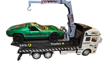 Camion platforma cu macara extensibila, rampa mobila, masina model sport – usi deschise, metal si plastic, culoare negru cu rosu [6]