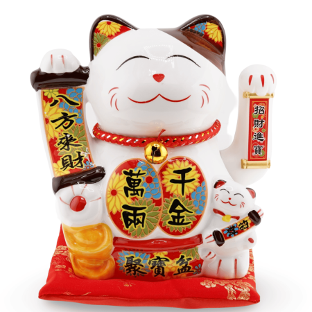 Decoratiuni de casa - Pisica norocoasa din ceramica stand pe perna rosie - avand inaltime 19 cm - Maneki Neko, culoare alba, Decoratiune Feng Shui cu pepita aurie si pui, talisman pentru prosperitate, si noroc