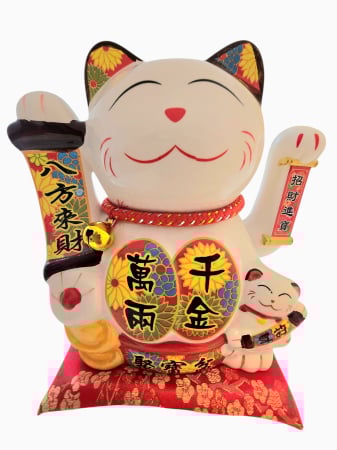 Pisica norocoasa din ceramica stand pe perna rosie - avand inaltime 19 cm - Maneki Neko, culoare alba, Decoratiune Feng Shui cu pepita aurie si pui, talisman pentru prosperitate, si noroc [2]