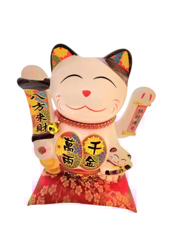 Pisica norocoasa din ceramica stand pe perna rosie - avand inaltime 19 cm - Maneki Neko, culoare alba, Decoratiune Feng Shui cu pepita aurie si pui, talisman pentru prosperitate, si noroc [1]