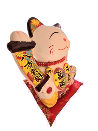 Pisica norocoasa din ceramica stand pe perna rosie - avand inaltime 19 cm - Maneki Neko, culoare alba, Decoratiune Feng Shui cu pepita aurie si pui, talisman pentru prosperitate, si noroc [3]