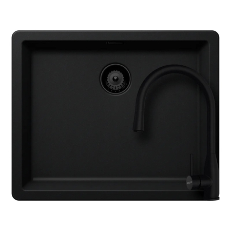 Set chiuveta - Set chiuveta bucatarie Schock Greenwich N-100L 556 x 456 mm Cristadur Puro, negru intens cu parti vizibile si baterie bucatarie Schock Kavus cu cap extractibil Puro