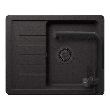 Set chiuveta - Set chiuveta bucatarie Schock Pinedo D-100XS 620 x 500 mm Cristalite Nero cu parti vizibile negru si baterie bucatarie Schock Kantus cu cap extractibil, negru