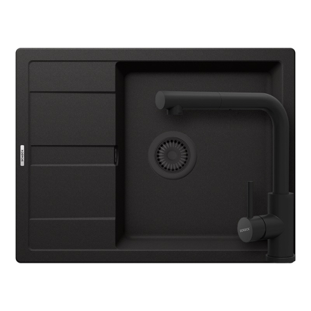 Set chiuveta - Set chiuveta bucatarie Schock Ronda D-100L 650 x 500 mm Cristalite Nero cu parti vizibile negru si baterie bucatarie Schock Kantus cu cap extractibil, negru