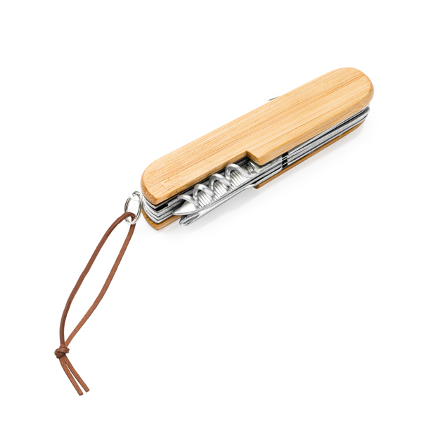 Cuțit multifuncțional cu accesorii din oțel inoxidabil și corp din bambus. [3]