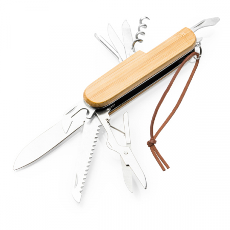 Cuțit multifuncțional cu accesorii din oțel inoxidabil și corp din bambus. [3]