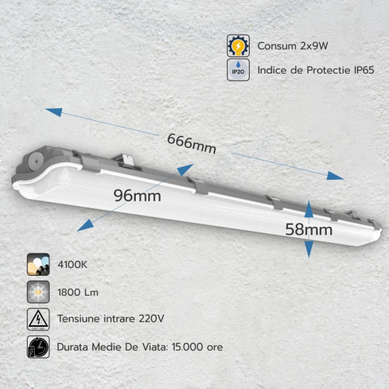 Corp Neon IP65 2X9W (Pentru Tub LED 60 cm), neechipat [2]