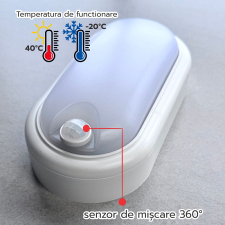 Aplice de perete - Aplica LED cu senzor de miscare 120°, ovala 175.6x90.2x54.6mm, 8W=60W, 650Lm, IP66