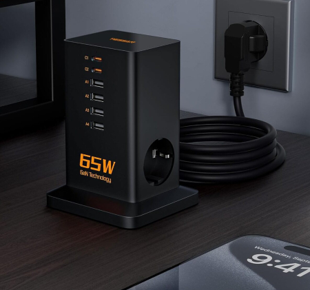 Prelungitoare - Prelungitor tip Turn , ZTS-FS02DE00, 2X USB-C, 4x USB, 2 prize, incarcare rapida USB-C 65W, 2m, negru