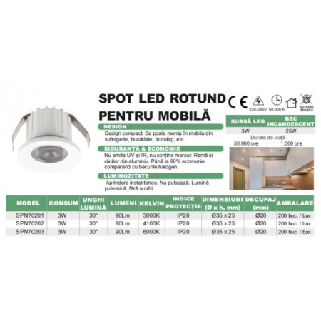 Spot LED Rotund pentru Mobila Ø35, 3W, 4100K, lumina neutra [2]