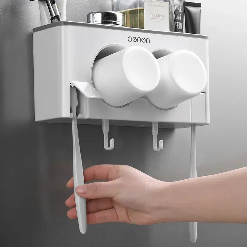 Suport Multifunctional pentru Baie 24x12 cm cu 2 Pahare – Organizator Perete din Plastic Rezistent [3]