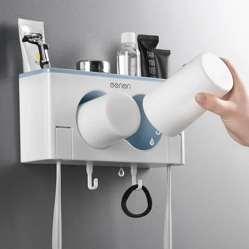 Suport Multifunctional pentru Baie 24x12 cm cu 2 Pahare – Organizator Perete din Plastic Rezistent [4]